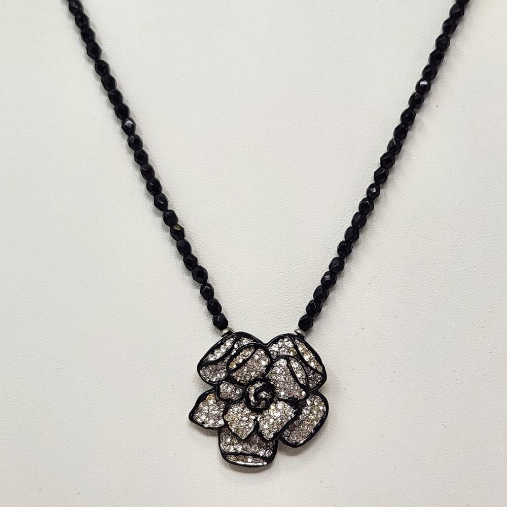 Kenneth Jay Lane Pave Crystal Wild Rose Pendant Black Bead Necklace Vintage KJL